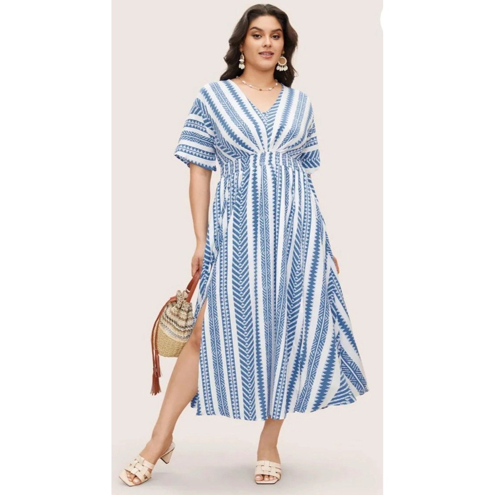 Bloomchic White & Blue Geometric Dolman Sleeve Maxi Dress Size 12 Large NWT